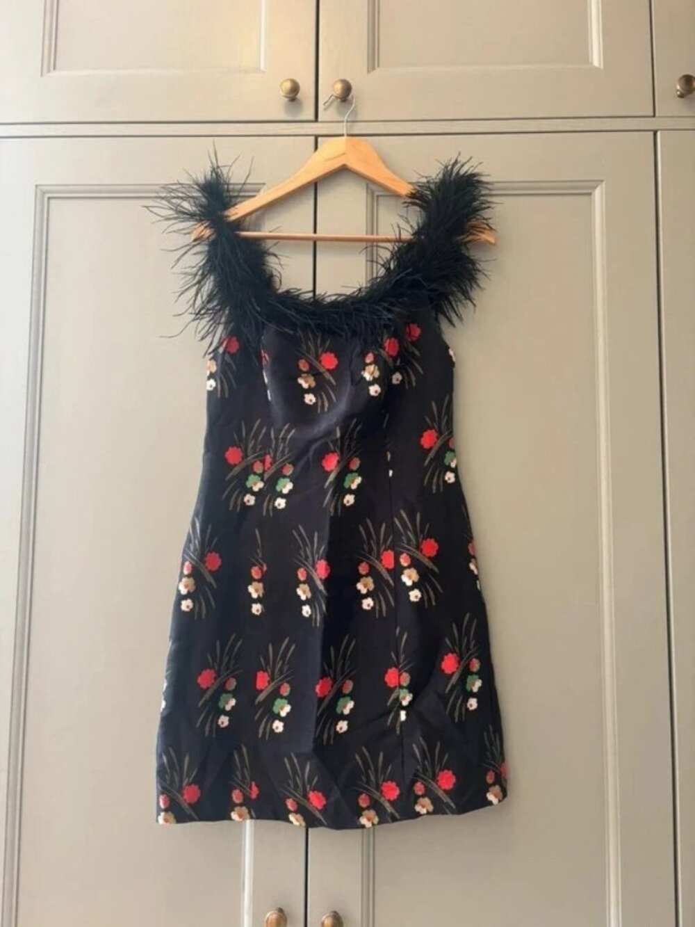 Rixo Feather-Trim Floral Mini Dress S
